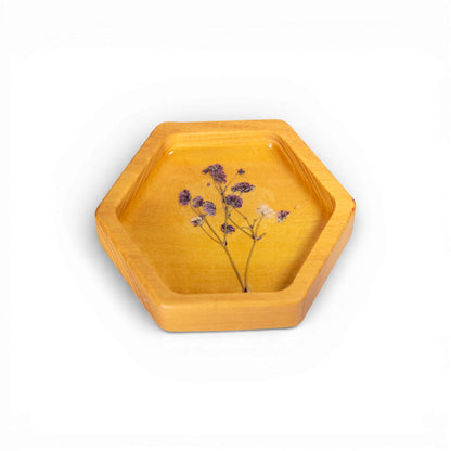 Wood Hex Tray with Pressed Flowers - Handmade Floral Resin Tray -Yellow