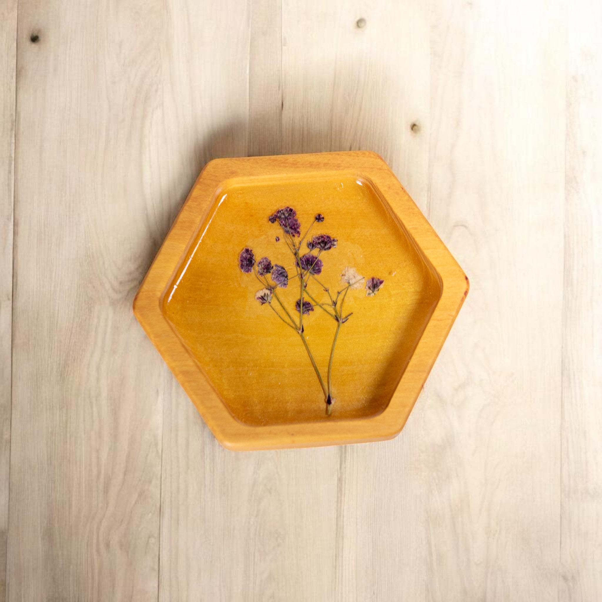 Wood Hex Tray with Pressed Flowers - Handmade Floral Resin Tray -Yellow