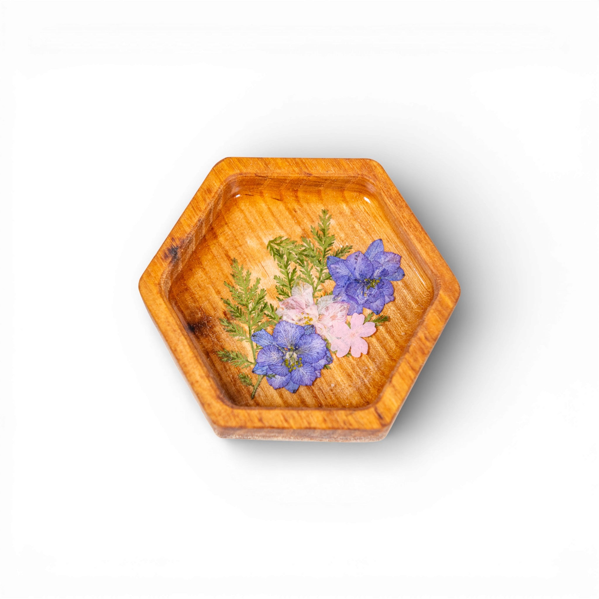 Wood Hex Tray with Pressed Flowers - Handmade Floral Resin Tray - Maple
