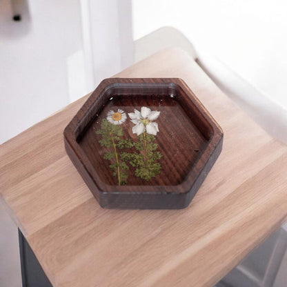 Wood Hex Tray with Pressed Flowers - Handmade Floral Resin Tray -Walnut