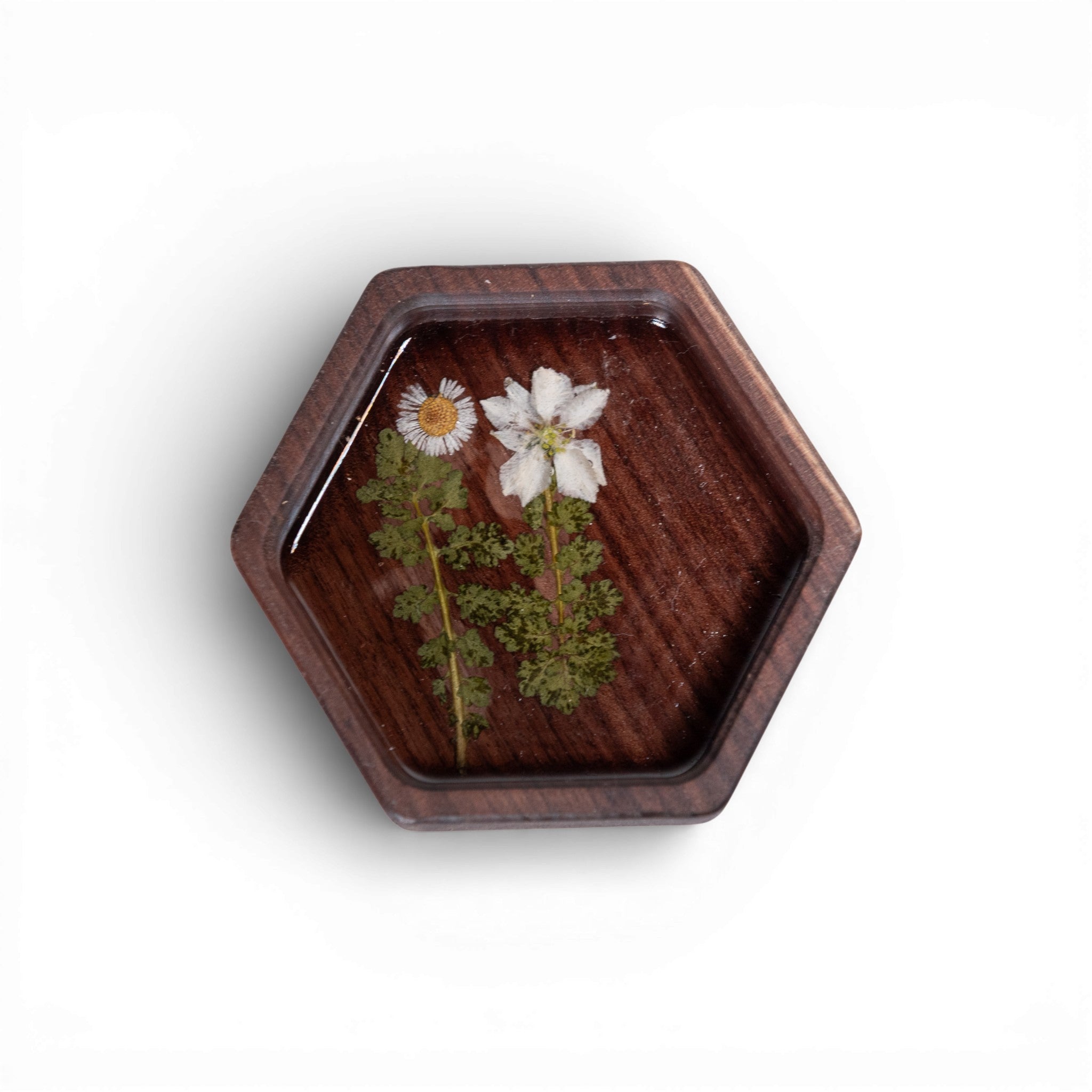 Wood Hex Tray with Pressed Flowers - Handmade Floral Resin Tray -Walnut