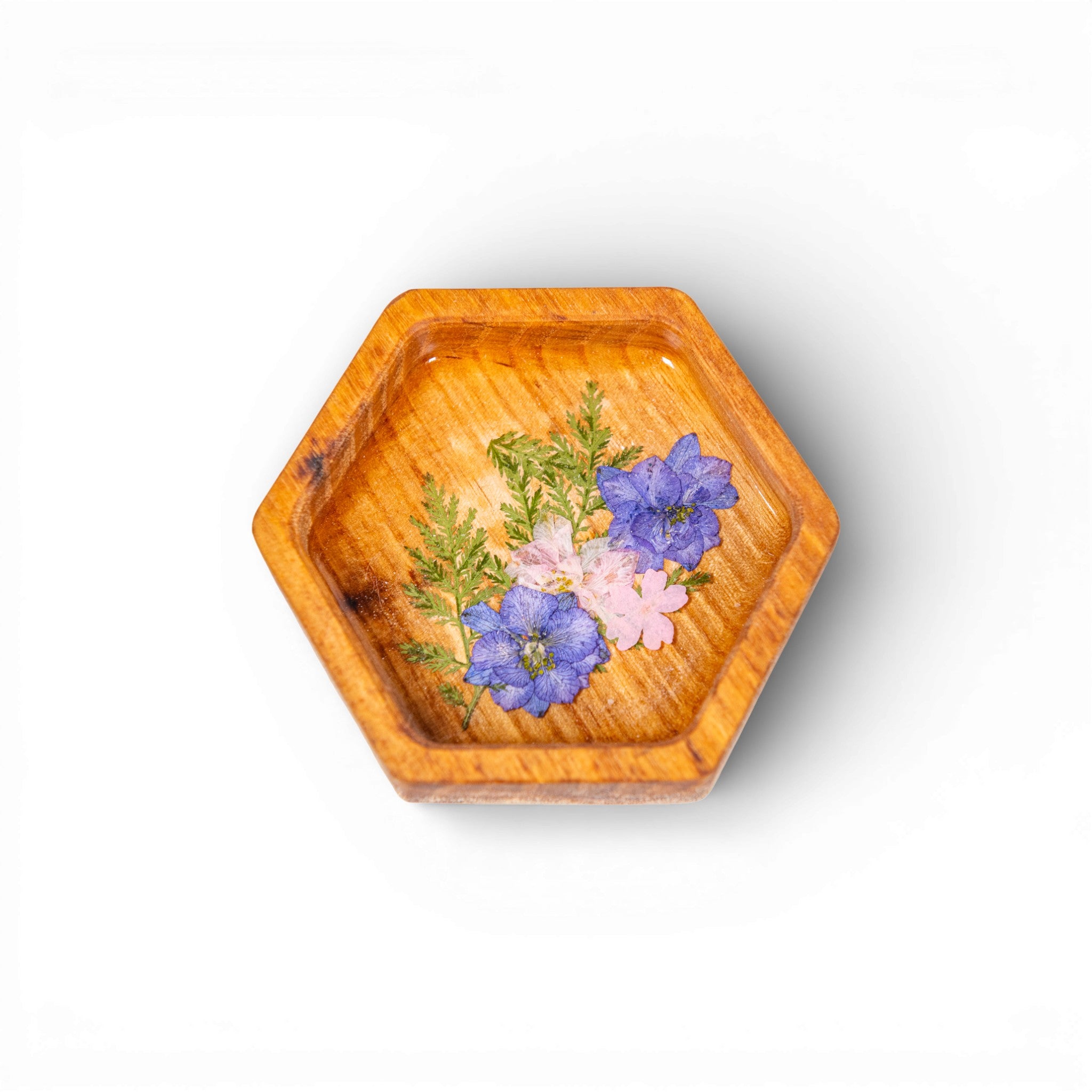 Wood Hex Tray with Pressed Flowers - Handmade Floral Resin Tray - Maple