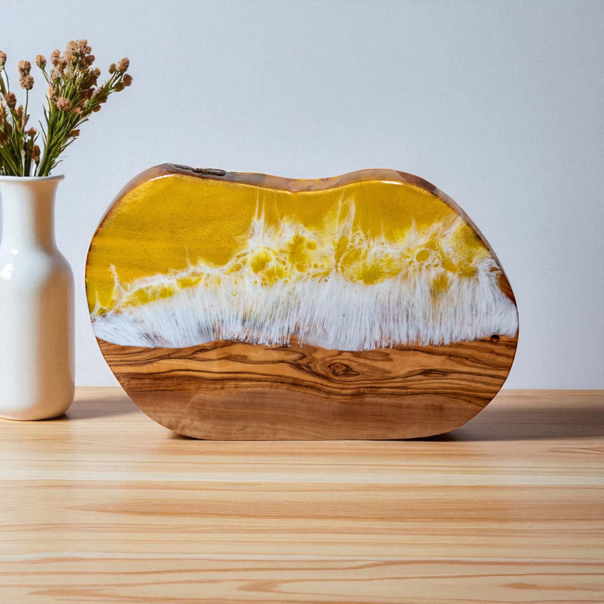 Yellow Handcrafted Ocean Wave Olive Wood Charcuterie Board - Serving Platter