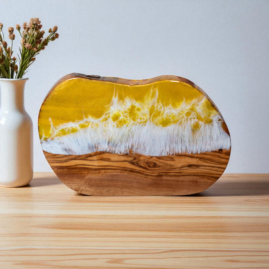 Yellow Handcrafted Ocean Wave Olive Wood Charcuterie Board - Serving Platter