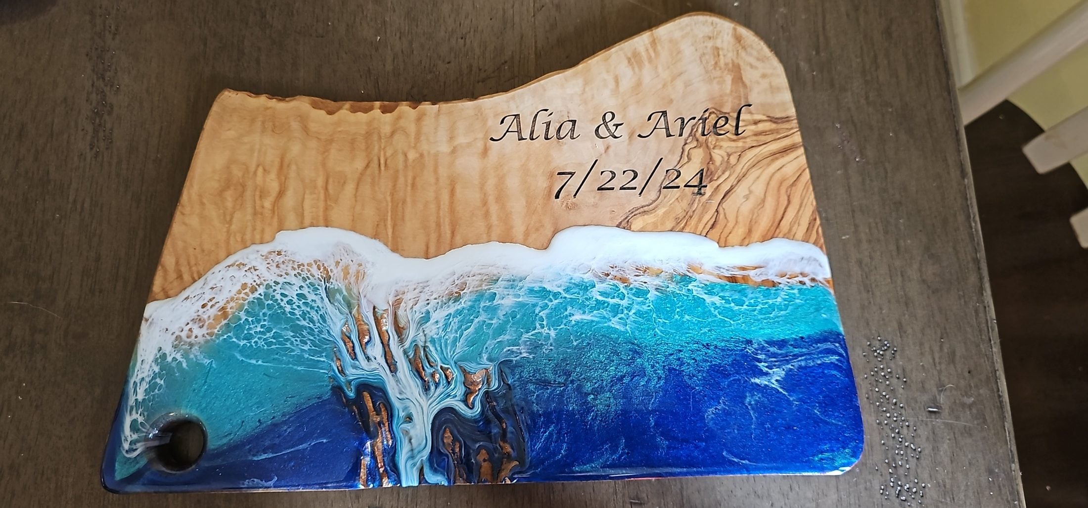 Yellow Handcrafted Ocean Wave Olive Wood Charcuterie Board - Serving Platter