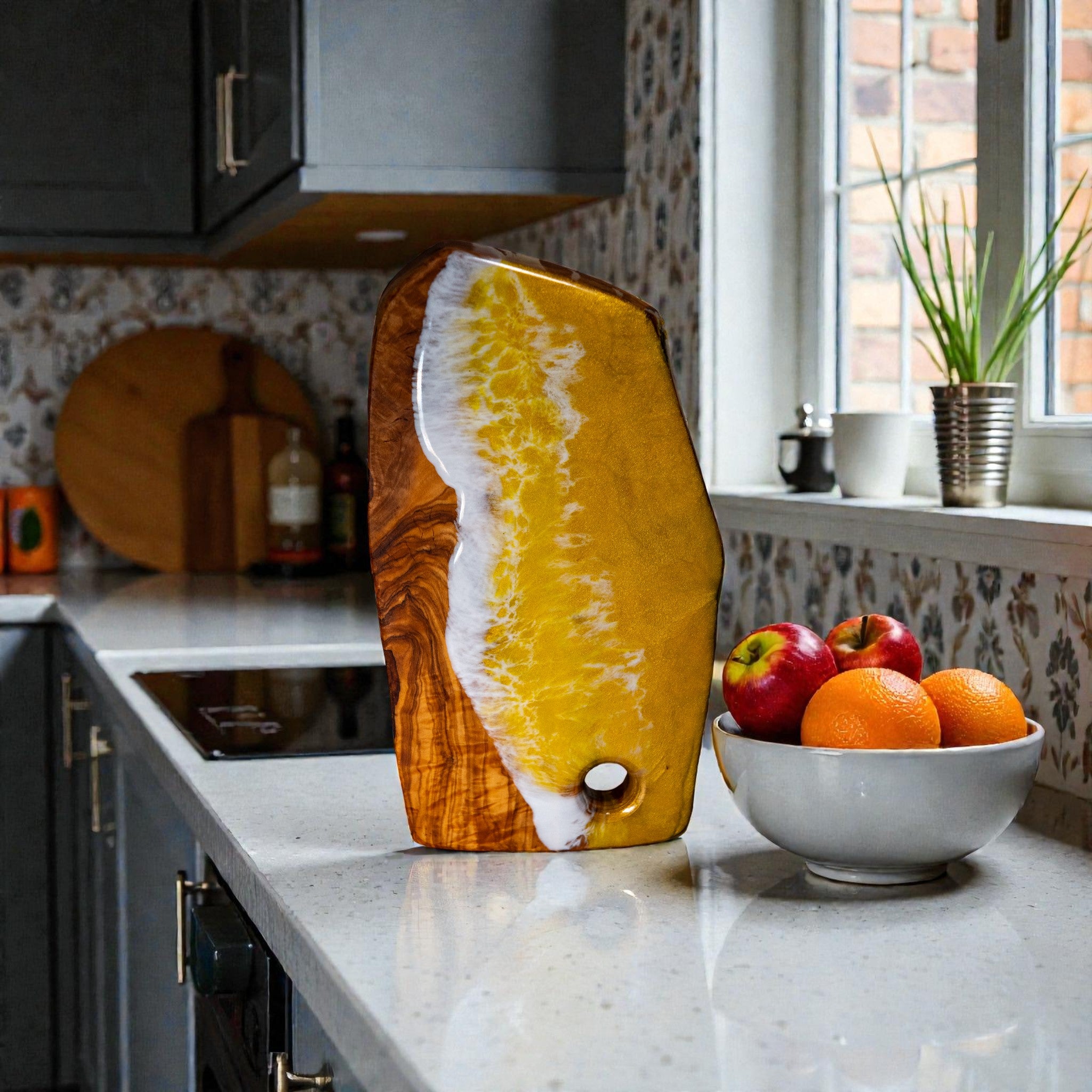 Yellow Handcrafted Ocean Wave Olive Wood Charcuterie Board- Serving Platter
