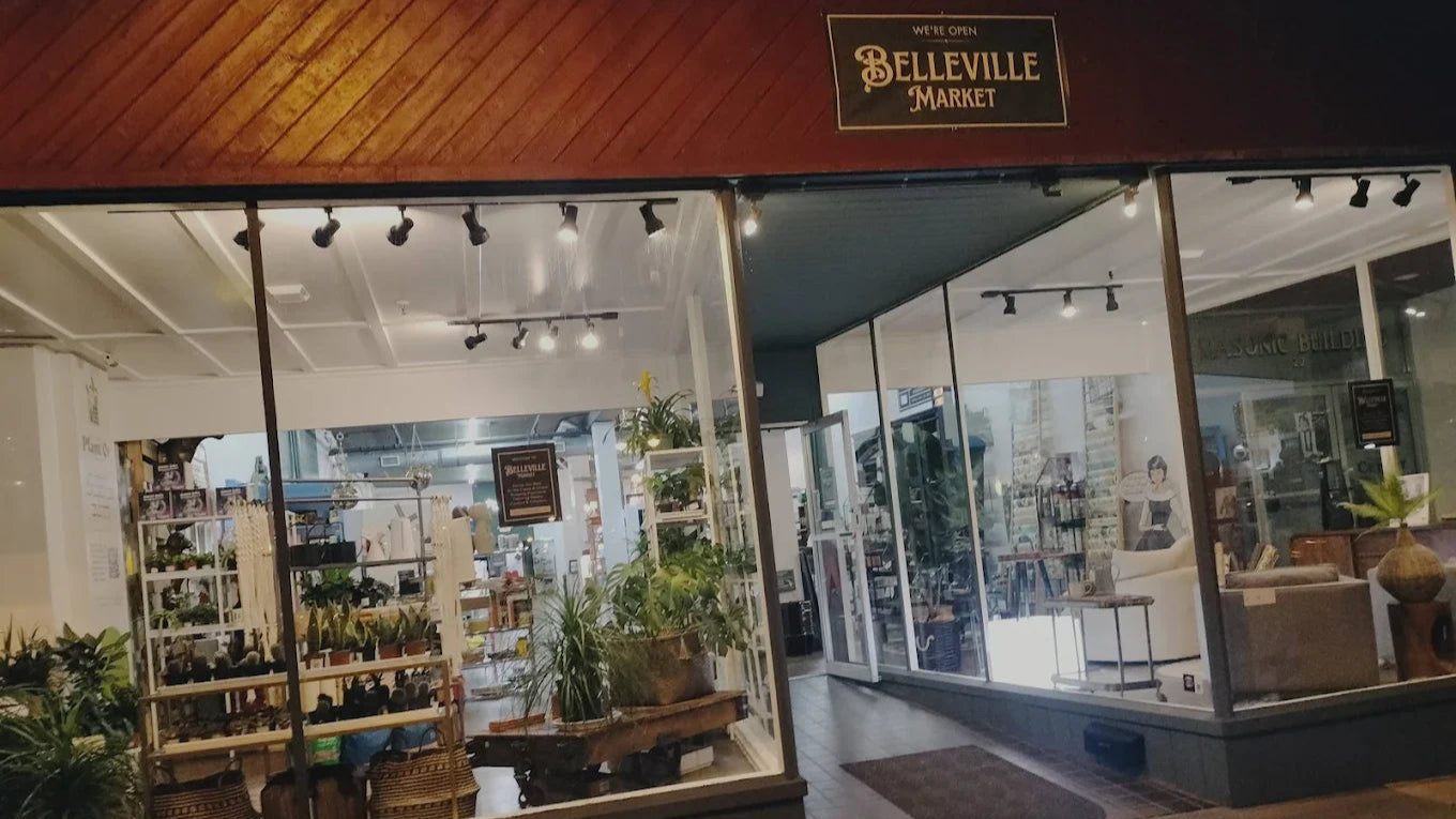 Storefront of Belleville Market with indoor plants and shelves.