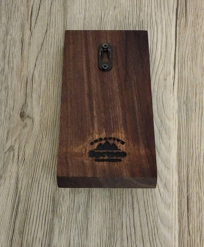 Dark oak wall mount dog leash holder with double hook and mountain logo