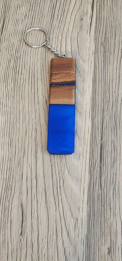 Blue epoxy and walnut wood keychain with silver ring