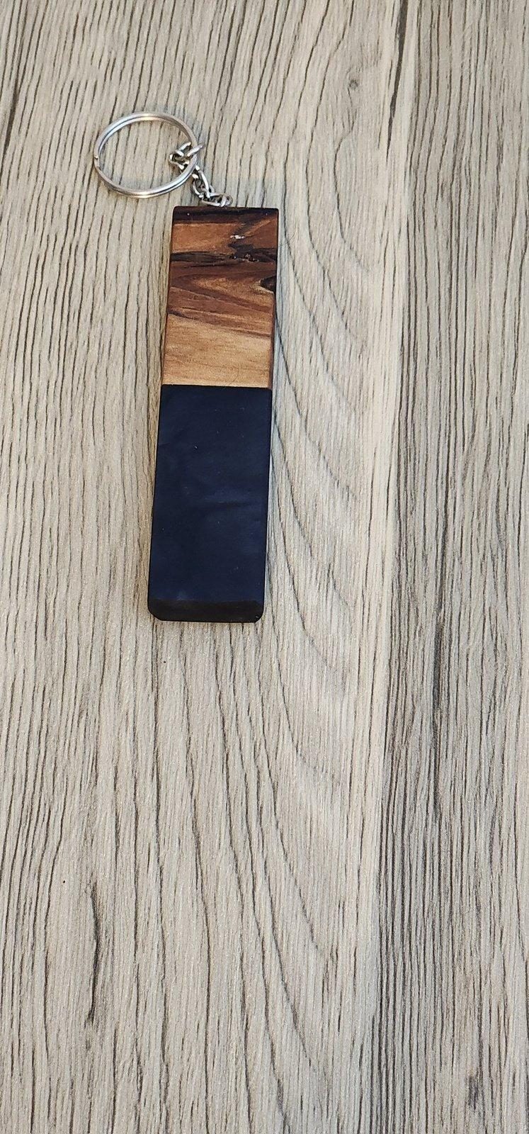 Black epoxy and light wood keychain with silver hardware